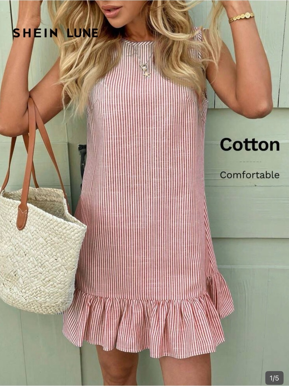 NWOT SHEIN Red & White Striped Ruffle-Hem Sleeveless Mini Dress